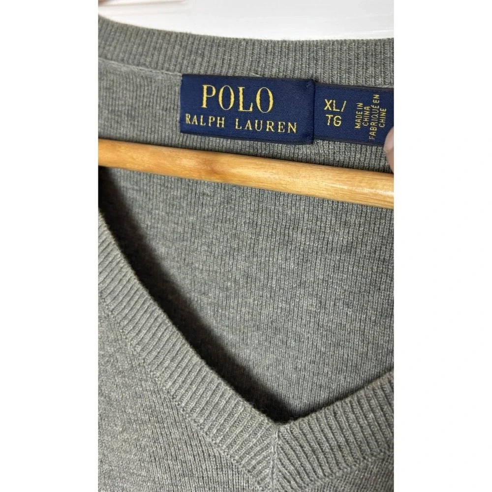 Polo Ralph‎ Lauren V Neck Sweater Men's Size XL Gray Pima Cotton Green Pony EUC